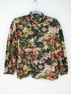 Ro's Garden Floral Button Down Shirt Tuckernuck 100% Cotton Top Green Medium